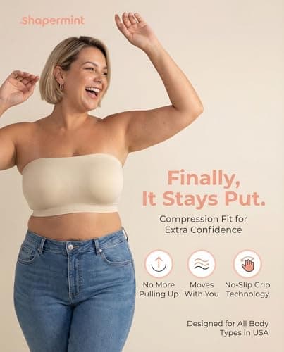 SHAPERMINT Convertible Strapless Bras for Women - Compression Wireless Bandeau Bra Top Beige