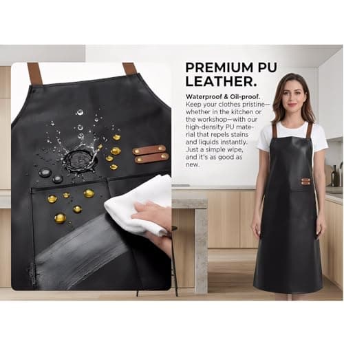 GEMBITYFUL Black Waterproof Apron Large Pocket PU Material Waterproof Oil-proof Dust-proof Apron Slim Apron Length 38.6 inch — view 3