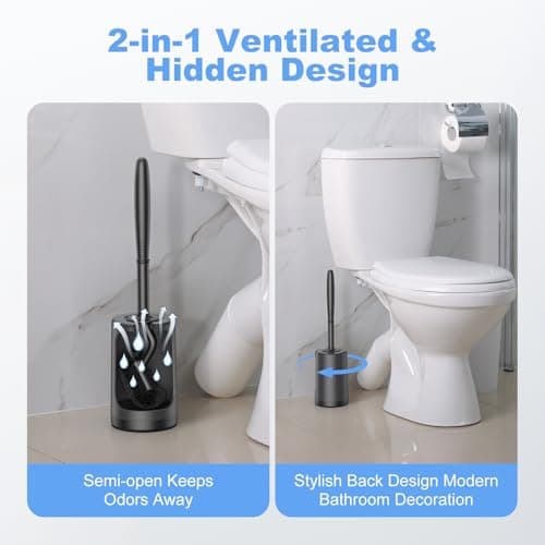 HAMITOR Toilet Bowl Brush Holder Set: Curved Design with Holder for Deep Cleaning Under Rim - Compact Hidden Cleaner Scrubber for Small Space - Home RV Bathroom Accessories - Black 2 Pack — view 3