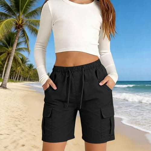 Girls Cargo Shorts Wide Leg Beach Bermuda Short Pants Teen Kids Baggy Elastic Waist Knee Length Pants with Pockets Summer Solid School Straight Cropped Trousers(Black, 13-14 Years)