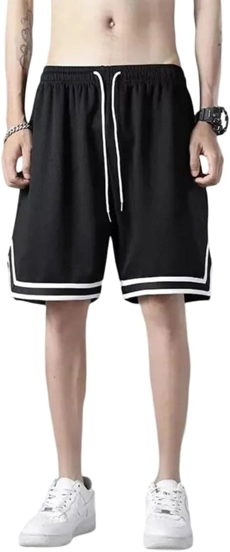 Pantalones cortos de entrenamiento a rayas de secado rápido para hombre, absorben la humedad, cintura elástica y bolsillos para gimnasio, correr, deportes, color negro clásico