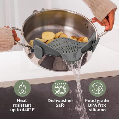 Original Kitchen Gizmo Strainer for Pots, Pans, and Bowls - Adjustable Silicone Clip on Colander - Snap N Strain Kitchen Gadget for Fruits, Veggies, Salads, Pasta, and More - Dishwasher Safe - Grey — view 5