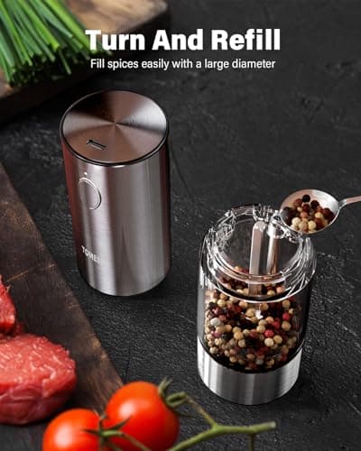 TOMEEM Upgraded Larger Capacity Electric Salt and Pepper Grinder Set Rechargeable with LED lights, Stainless Steel Automatic Pepper and Salt Grinder Refillable with 5 Adjustable Coarseness — view 4