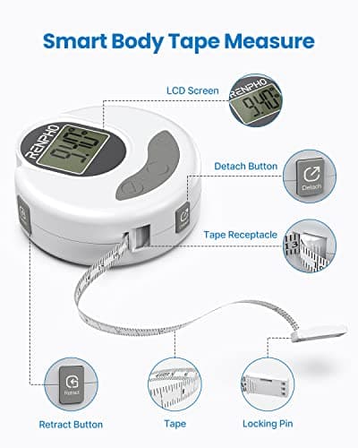 RENPHO Body Measuring Tape, Bluetooth Smart Tape Measure with Lock Hook & Retractable Function, Accurate Body Fat Measurement Device for Weight Loss, Muscle Gain, Fitness Bodybuilding, 60in /150cm — view 7