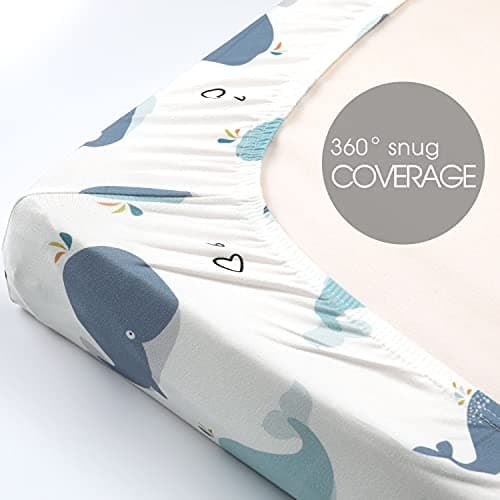 GRSSDER Stretchy Ultra Soft Jersey Knit Fitted Pack n Play Sheets Set 2 Pack, Portable/Mini Cribs Playards Sheets, Universal Fitted Pack and Play Mattress Sheets, Lovely Whale for Girls and Boys — view 5