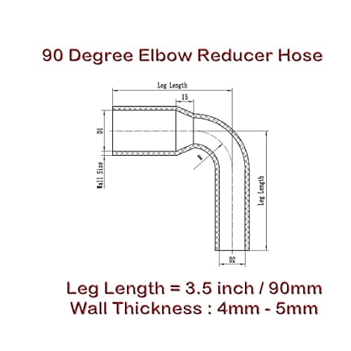 Autobahn88 Automotive Silicone Hose Bend, 90-Deg Elbow Reducer Coupler, ID=1.73" to 2.13" (44 to 54mm), Leg Length 3.13" (80mm), Wall Thickness= 0.16" (4mm), 3-Ply, Black