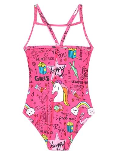 Nokecina Girls Bathing Suit Size 9-10 Years Old One Piece Hotpink Swimsuit Classic Cartoon Swimwear with UV Protection