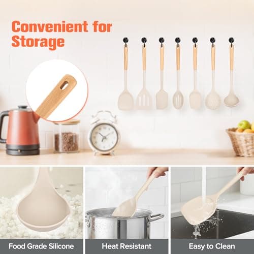 Silicone Cooking Utensils Set of 10 with Wooden Handle,No Scratch for Nonstick Cookware Slotted Spoon&Spatula,Solid Spoon&Spatula,Large Measuring Ladle,Brush,Rice Paddle,Baking Turner&Flipper (Khaki) — view 5