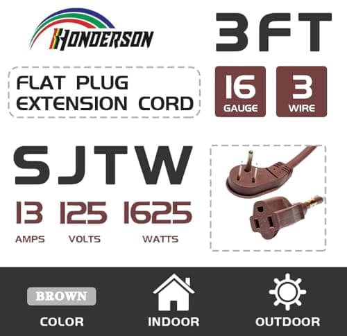 HONDERSON Flat Plug Indoor Extension Cord, UL Listed, 16 Gauge 3FT Brown 3 Prong Heavy Duty Extension Cord, 16/3 SJTW 13A Power Extension Cord for Lights, Appliances, Home