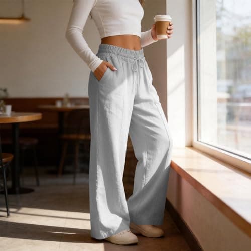 Rseomihvy Women's Cotton Linen Pants Summer Straight Wide Leg Trousers Drawstring Elastic Waist Loose Beach Vacation Outfits Gray — view 4