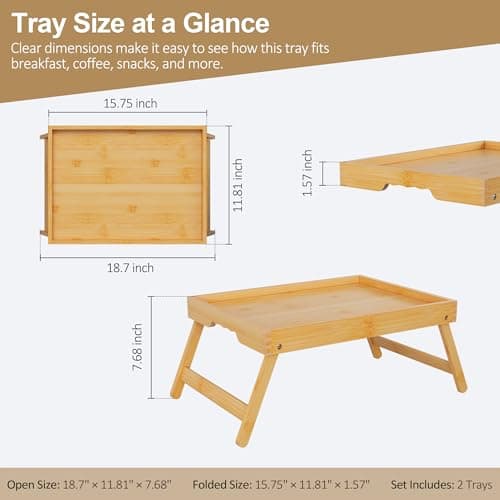 Breakfast Tray with Folding Legs Set of 2, Bamboo Bed Tray Table 15.7" Foldable TV Dinner Tray with Ergonomic Wave Handles for Bed Couch Sofa, Breakfast, Snacks, Coffee, Natural — view 4