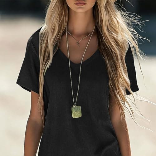Linen Midi Dresses for Women Short Sleeve V Neck Dress Casual Summer Comfortable Vacation Loose Fit Dresses Black