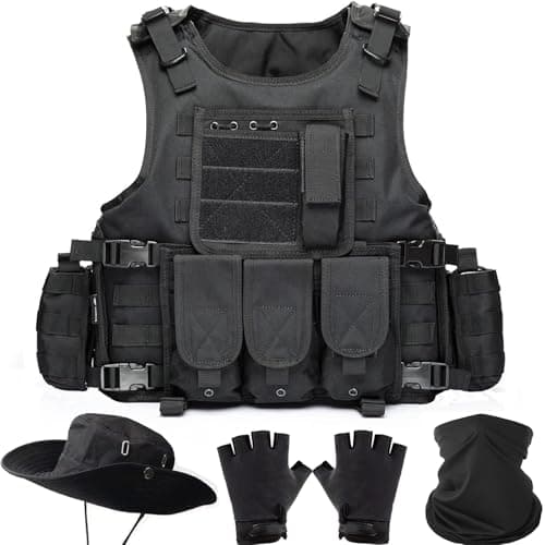SANYETS Tactical Vest, Black Airsoft Plate Vest for Men,Army Molle Vest with Detachable Pouches and Cap,Gloves,Balaclava for Military Costume, Men's Tactical Airsoft Gear
