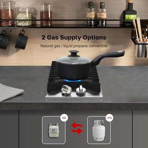 12 Inch Gas Cooktop, ThermoMate Heavy Built In Gas Rangetop with 2 High Efficiency SABAF Burners, NG/LPG Convertible 304 Stainless Steel Stove Top with Flame Out Protection, CSA Certified — view 3