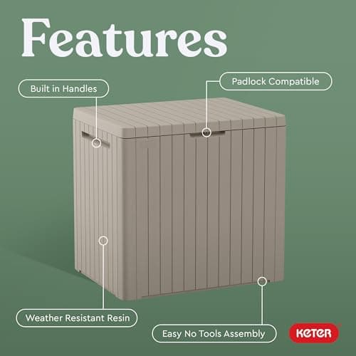 Keter City 30 Gallon Resin Outdoor Storage Box and Patio Furniture Side Table for Pool and Garden Accessories, Beige — view 3