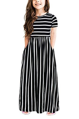GORLYA Girl's Short Sleeve Floral Print Loose Casual Holiday Long Maxi Dress with Pockets 4-12 Years (6-7Years/Height:120cm, Black Stripe)