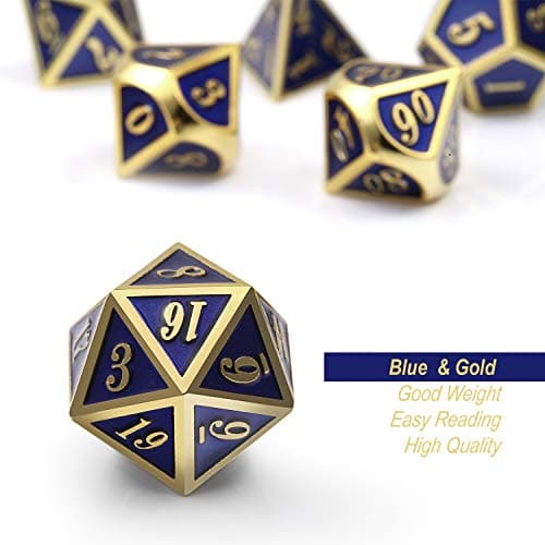 DNDND Heavy Polyhedral Metal Dice Set with Metal Box, 7-die Shiny Blue Surface with Golden Number for RPG,Dungeons and Dragons,Pathfinder,Shadowrun,D&D,Role Palying Game and Math Teaching — view 3
