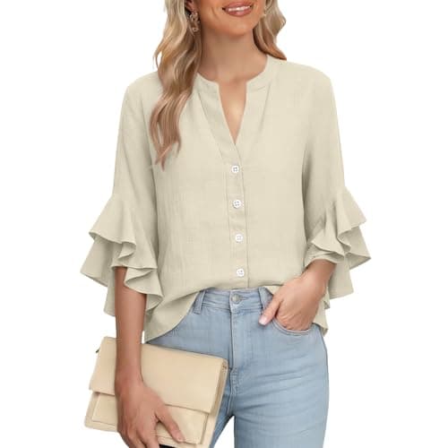 3/4 Ruffle Sleeve Cotton Linen Shirts for Women Dressy V Neck Beach Tunic Tops Elegant Summer Casual Work Blouses Yellow — view 5