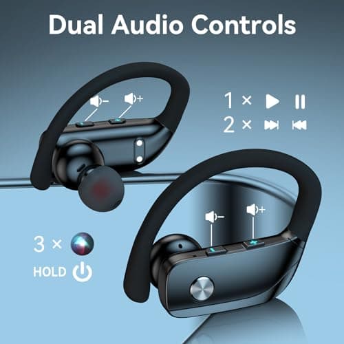 bmani Ear Buds Wireless Earbuds Bluetooth Headphones with 80H Playtime LED Display Case, Over-Ear Hook with Mic, Stereo Sound, Easy Button Controls, Sports Earphones for Running Workout Gym Black — view 3
