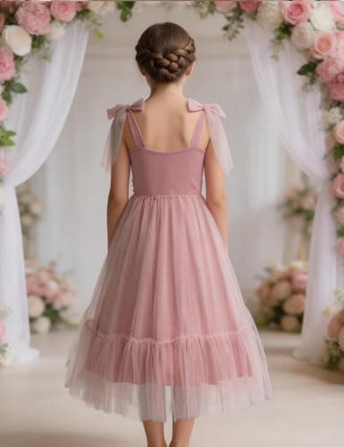 Arshiner Girls Dresses Summer Sleeveless Bow-Tie Straps Birthday Party Long Tulle Dress Pink Kids 7-8 Years — view 3