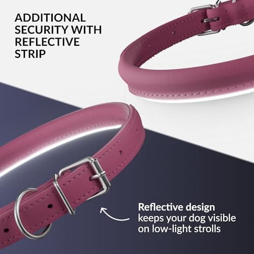 CollarDirect Rolled Leather Dog Collar, Soft Padded Round Puppy Collar, Handmade Genuine Leather Collar Dog Small Large Cat Collars (Pink Smooth, 30-35 cm) — view 3