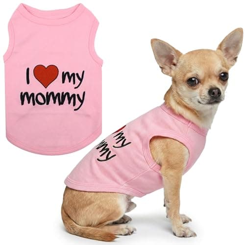 Parisian Pet Dog T-Shirt with Embroidered 'I Love My Mommy' Words - 100% Cotton, Pink Dog Clothes - Breathable Sleeveless Pet Vest - Machine Washable Dog Shirts for Small Dogs, S