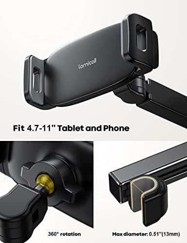 Lamicall Car Headrest Tablet Holder - [Extension Arm] Adjustable iPad Car Mount for Back Seat, Road Trip Essentials for Kids, 4.7-11" Tablet iPad Pro, Air, Mini, Galaxy, Fire, Black — view 5