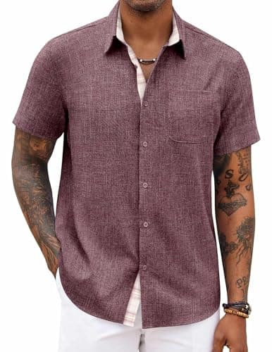 COOFANDY Men's Button Down Shirts Short Sleeve Casual Shirts Summer Beach Shirts Vacation Wedding Shirts with Pocket Red