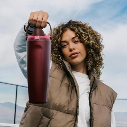 Owala FreeSip Sway Insulated Stainless Steel Water Bottle with Two-Way Spout, Built-In Straw and Bucket Handle, Made for Travel, School, and Sports, 30oz, BPA Free, Leak Proof, Black Cherry — view 7
