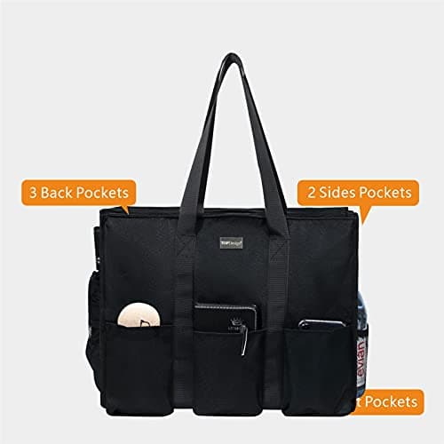 TOPDesign Utility Water Resistant Tote Bag with 13 Exterior & Interior Pockets, Top Zipper Closure & Thick Bottom Support, for Working Women, Teachers, Nurses, Accountants (Black) — view 2