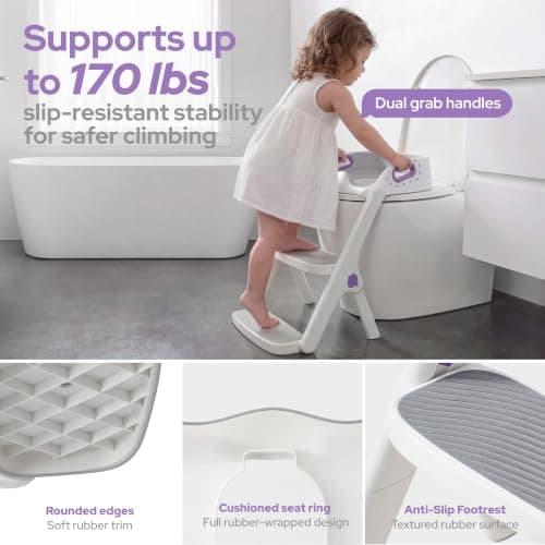 lalalark Potty Training Seat, 2-in-1 Toddler Toilet Seat with Steps, Upgrade Potty Step Stool for Toddler with Anti-slip Pad Step Stool, Extended Splash Guard, Foldable Potty Ladder Boys Girls, Purple — view 5