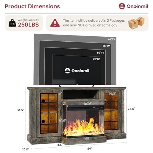 oneinmil 59" Fireplace TV Stand, 3 Sided Glass Media Entertainment Center Console Table for TVs up to 65" with Glass Door Adjustable Flame LED Color for Living Room, Set of TV Table, Grey — view 6