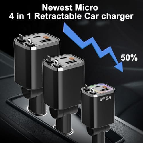 4 in 1 Retractable Car Charger,69W USB-C Fast Car Charger, for iPhone 17/16/15/14/13/12/11, Android,Pixel,Cigarette Lighter Charger (for Type C+Lightn-ing) — view 3