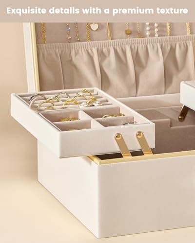 Lolalet Jewelry Box Organizer for Women Girls, 2 Layer Jewelry Organizers and Storage for Necklace Earrings Rings Bracelets, Large Jewellery Holder Case Birthday Gifts -Cream — view 5