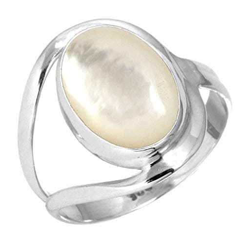 JEWELOPORIUM White Mother Of Pearl Silver Ring Size 8, 925 Sterling Silver Ring for Women, Genuine Oval Stone Handmade Jewelry