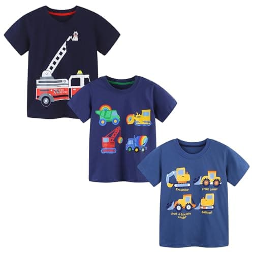 Winzik Boys Shirt Toddler Shirts Kids Boys’ Short Sleeve 3-Pack Crewneck Excavator T-Shirt Summer Clothes 18M-8Y(2-3T, Fire Truck Crane Excavator)