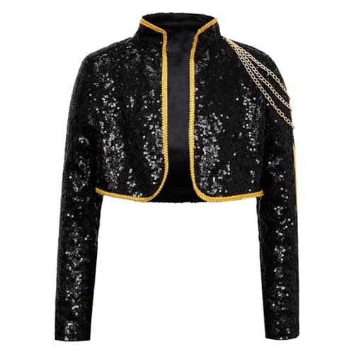 YONGHS Girls Sequin Popular Singer Tops Music Festival Stage Performance Sparkly Dance Crop Jacket Black 6 Years — view 2