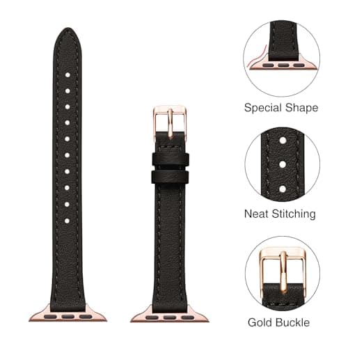 STIROLL Slim Leather Bands Compatible with Apple Watch Band 38mm 40mm 41mm 42mm(Series 11 10), Top Grain Leather Watch Thin Wristband for iWatch SE 9 8 7 6 5 4 3 2 1 (Black Rose Gold) — view 2
