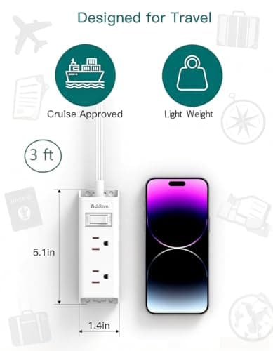 Addtam Flat Plug Power Strip with 6 Outlet Extender, 3 FT Extension Cord Flat Wall Plug with Multiple Outlets, No Surge Protector for Cruise Ship, Travel, Dorm, Home Office, Cruise Essentials, White — view 3