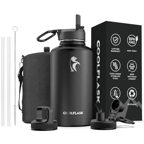 Coolflask Half Gallon Water Bottle Insulated with Straw & 3 Leakproof Lids