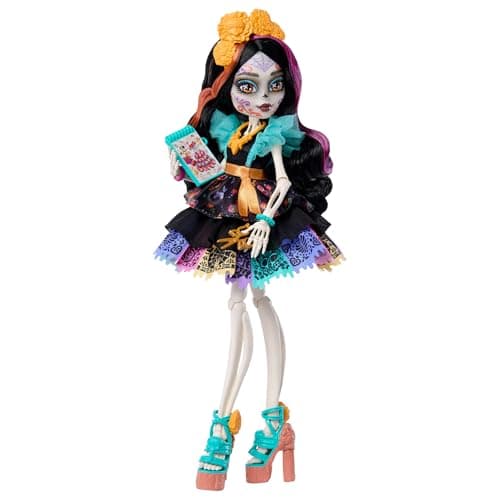 Monster High Doll, Skelita Calaveras in Colorful Papel Picado Dress with Pet Dog Candelita and 7 Accessories Like Sketch Book, Snack and Messenger Bag — view 5
