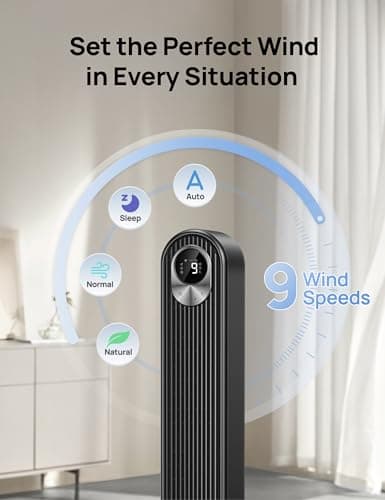 DREO Tower Fan for Bedroom, DC Motor, 28 ft/s, 20dB Quiet Oscillating Bladeless Fan with Remote, 9 Speeds, 4 Modes, 12H Timer, LED Display, Standing Floor Fan Powerful for Indoor Home Office Room — view 4