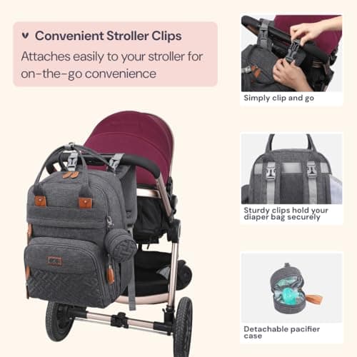 BabbleRoo Diaper Bag Backpack - Baby Essentials Travel Tote - Multi Function Water Resistant Diaper Bag, Travel Essentials Baby Bag with Changing Pad, Stroller Straps & Pacifier Case - Dark Gray — view 5