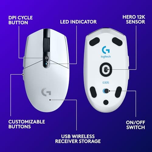Logitech G305 Lightspeed Wireless Gaming Mouse, Hero Sensor, 12,000 DPI, Lightweight, 6 Programmable Buttons, 250h Battery, On-Board Memory, Compatible with PC, Mac - White — view 5
