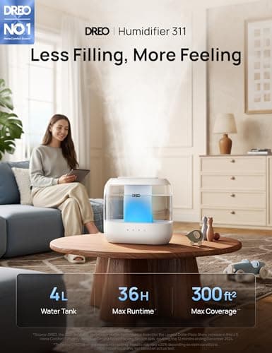 DREO Humidifiers for Bedroom, 4L Top Fill for Large Room, 36H Runtime [Ultra-Strong Mist Output] Quiet Cool Mist Air Humidifier for Baby Nursery, Plants, Indoor, Night Light, Easy to Clean
