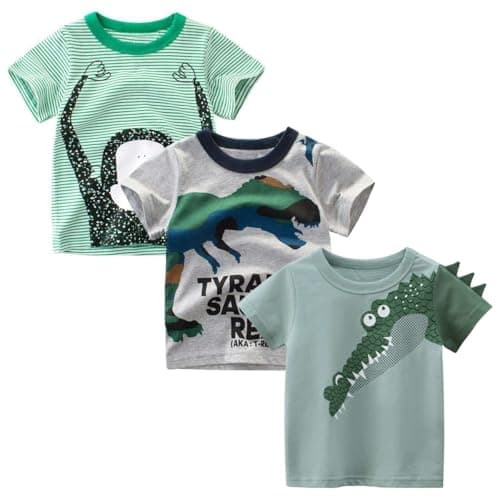 Winzik Boys Shirt Toddler Shirts Kids Boys’ Short Sleeve 3-Pack Crewneck Animal T-Shirt Summer Clothes 18M-8Y(4-5T, Monkey Dinosaur Crocodile)