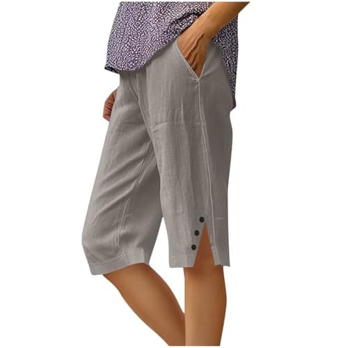 Womens Cotton Linen Bermuda Shorts Knee Length Dressy Causal Straight Leg Shorts with Pockets Summer Beach Outfits