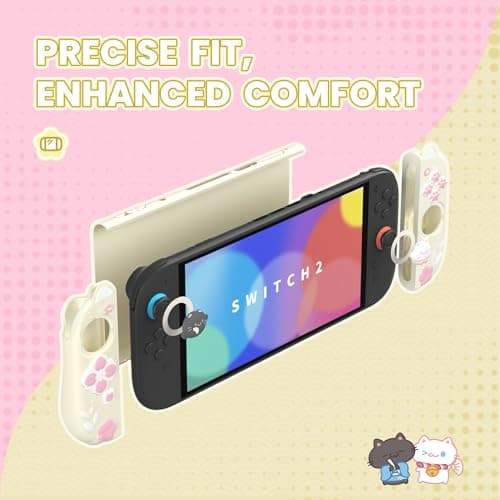 PlayVital Cherry Blossoms Kitten Protective Case for Nintendo Switch 2 with Stand | Cute Cat Ear & Paw Silicone Grips, Dockable Hard Shell, 2 Joystick Caps, Full-Body Protection Cover - Antique Yellow — view 2