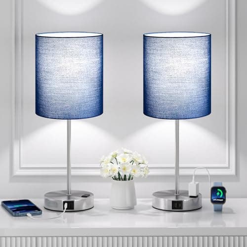 Blue Touch Lamps for Nightstand Set of 2 - Bedside Table Lamp for Bedroom with Dual USB Ports & AC Outlet, 3-Way Dimmable Lamps for Living Room Boys Room, Night Light with 5000K Daylight Bulbs — view 8