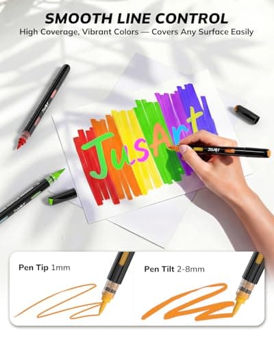 JusArt Acrylic Brush Markers, 96 Colors Brush Tip Acrylic Marker Set, 48 Dual-Tip Water Based No Bleed Markers with Automatic Ink Control for Wood, Rock, Fabric, Canvas, Glass, Eggs & DIY Crafts — view 4